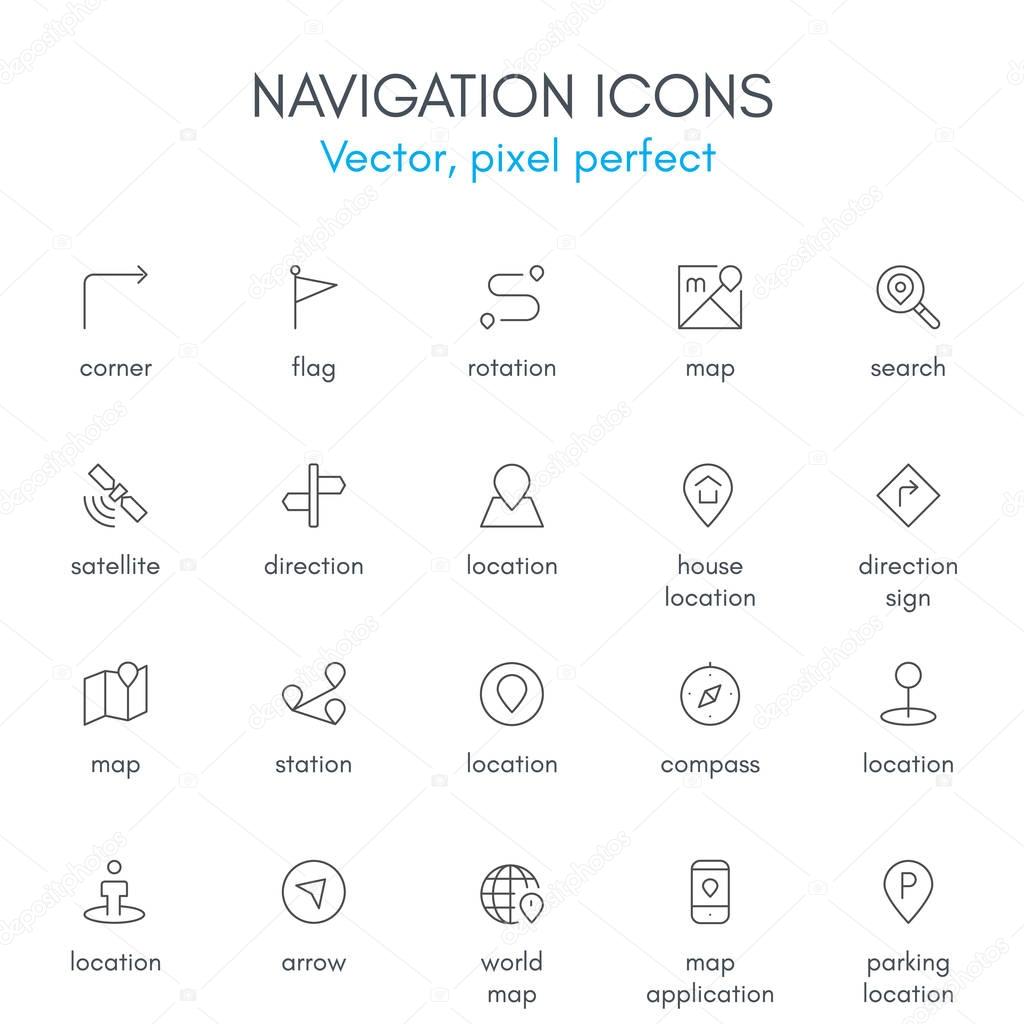 Navigation theme, line icon set.