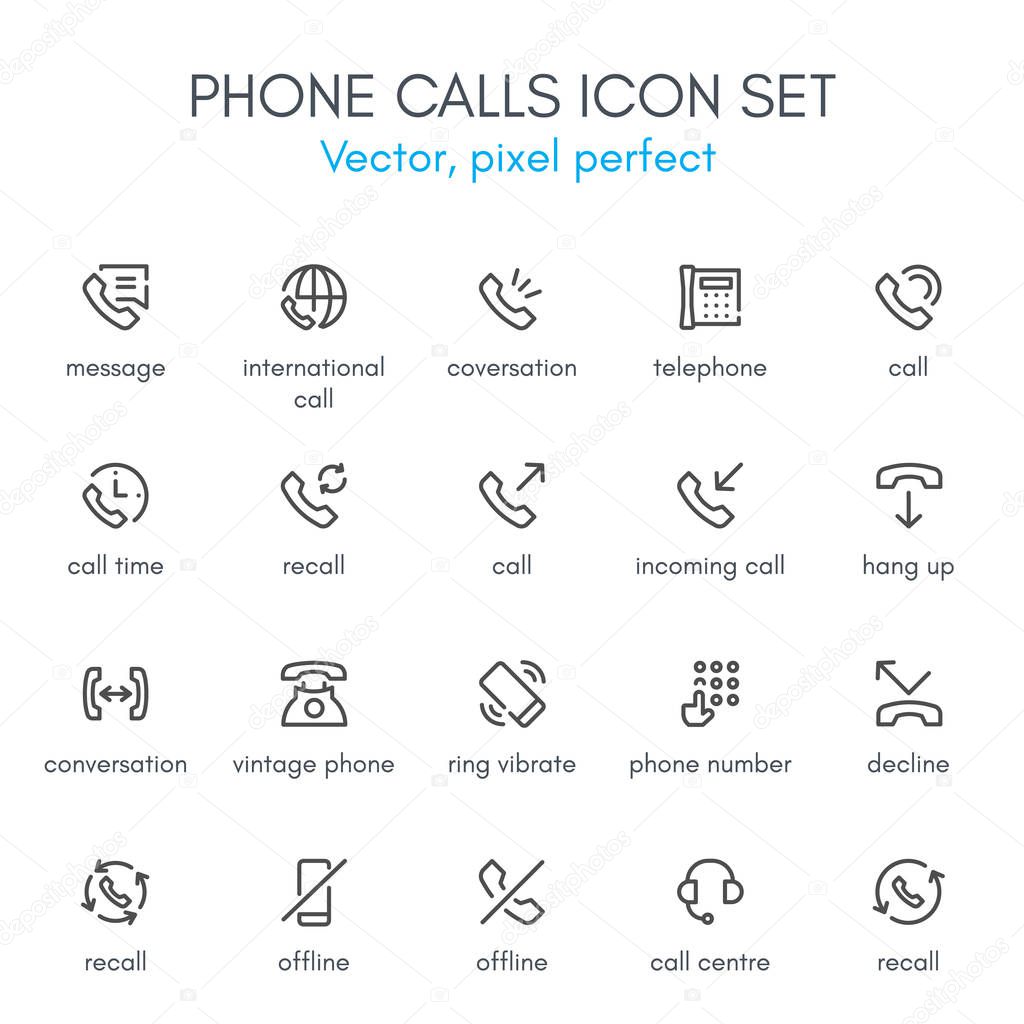 Phone calls theme, line icon set. 