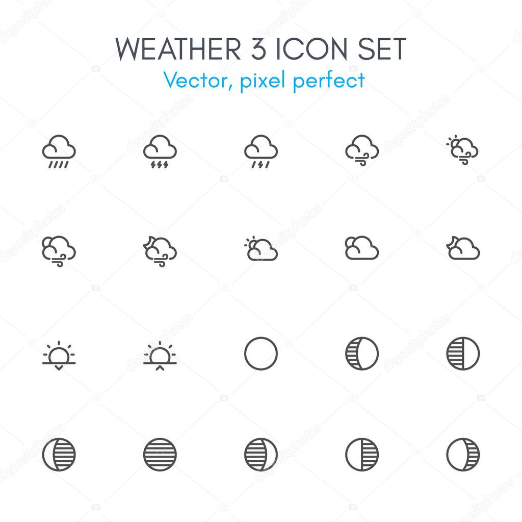 Weather 3 theme, line icon set. Pixel perfect, fully editable stroke, black and white, vector icon set suitable for websites, info graphics, and print media.