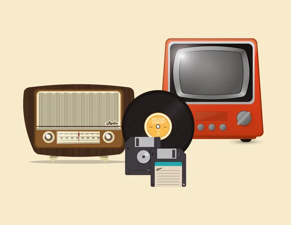 Rétro hipster radio vinyle disque disquette et tv icônes image — Image vectorielle