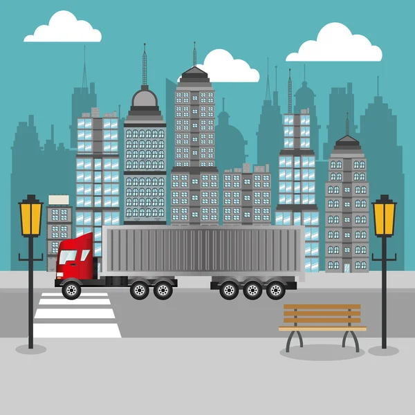 Вантажівка з зображенням фону міста — стоковий вектор
