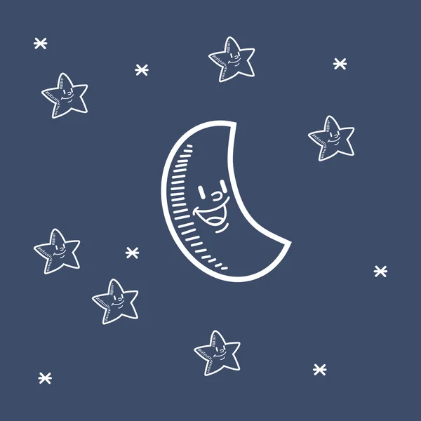 Luna sorridente con le stelle disegno immagine doodle — Vettoriale Stock