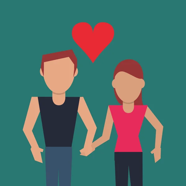 Pareja cogida de la mano con la imagen del corazón de dibujos animados — Vector de stock