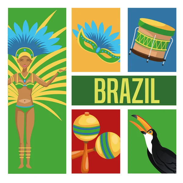 Garota de dibujos animados de Brasil y conjunto de iconos — Vector de stock
