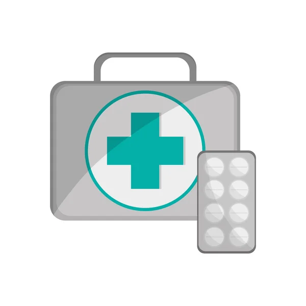 Kit de primeros auxilios y tabletas de medicamentos icono — Vector de stock