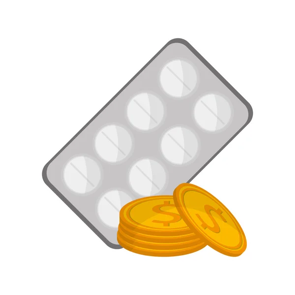 Medicin tabletter och pengar mynt ikon — Stock vektor