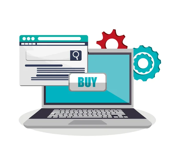 Engrenagens de laptop e compras online design — Vetor de Stock