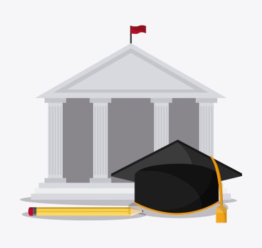 mezuniyet kap bina kalem üniversite simgesi. Vektör grafiği