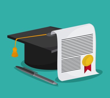 mezuniyet kap diploma kalem simgesi. Vektör grafiği
