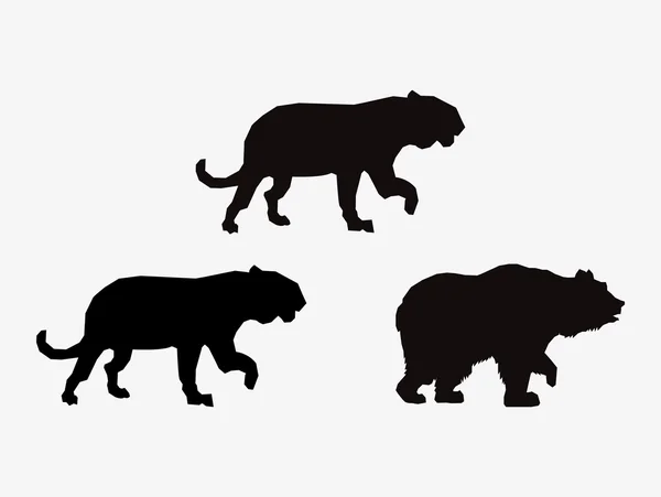 Grandes gatos y oso sihouette iconos imagen — Vector de stock