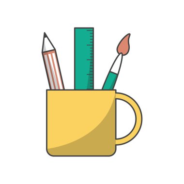 Kupa tasarımı içinde cetvel kalem ve boya fırçası