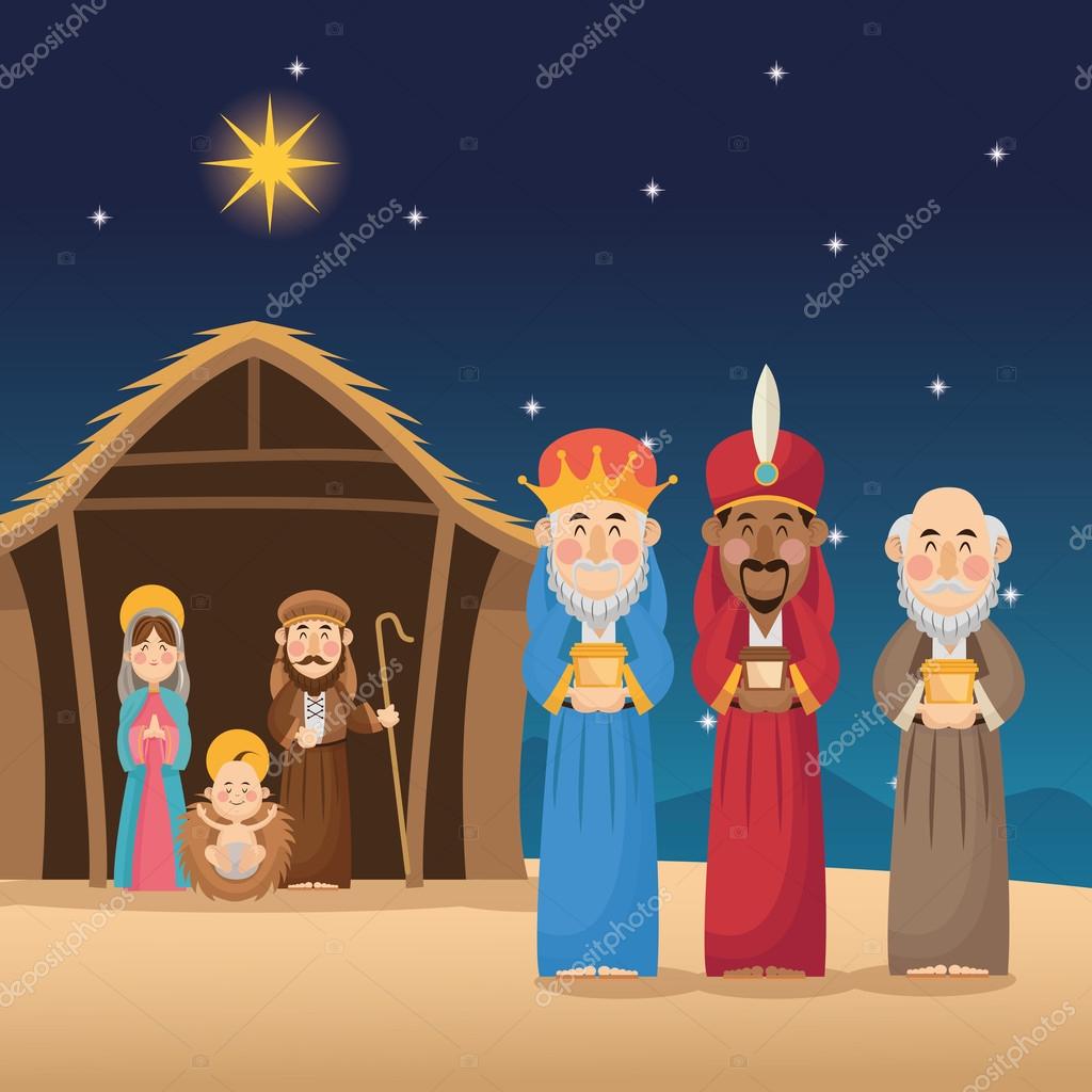 Mary joseph jesus and wise men icon Holy family and merry christmas season theme Colorful design Vector illustration — Wektor od jemastock