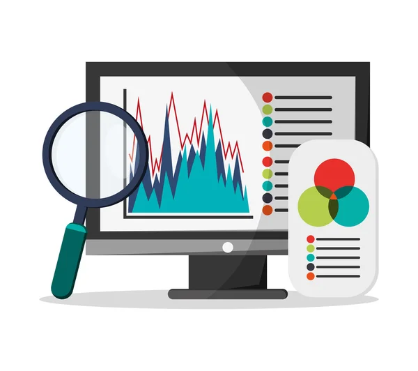 Bilgisayar lupe ve infografik tasarım — Stok Vektör