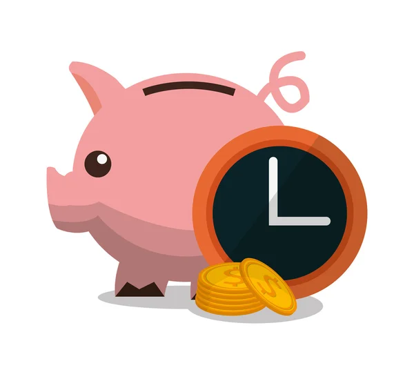 Reloj de cerdito y diseño de dinero — Vector de stock