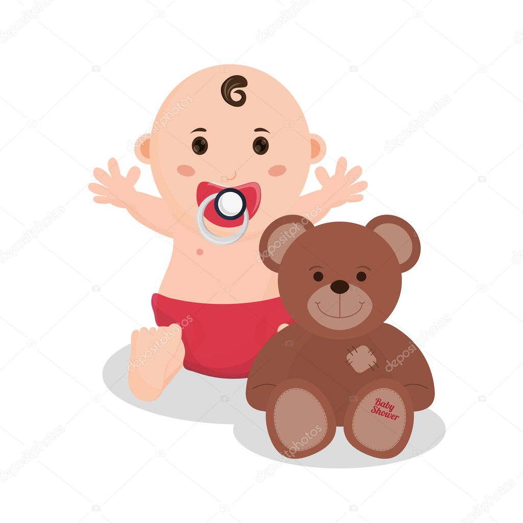 Neonato con orsacchiotto icona Tema baby shower card e infanzia Disegno variopinto Illustrazione di vettore — Vettoriali di jemastock
