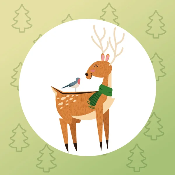 Jeleń i ptak kreskówka Christmas Design — Wektor stockowy