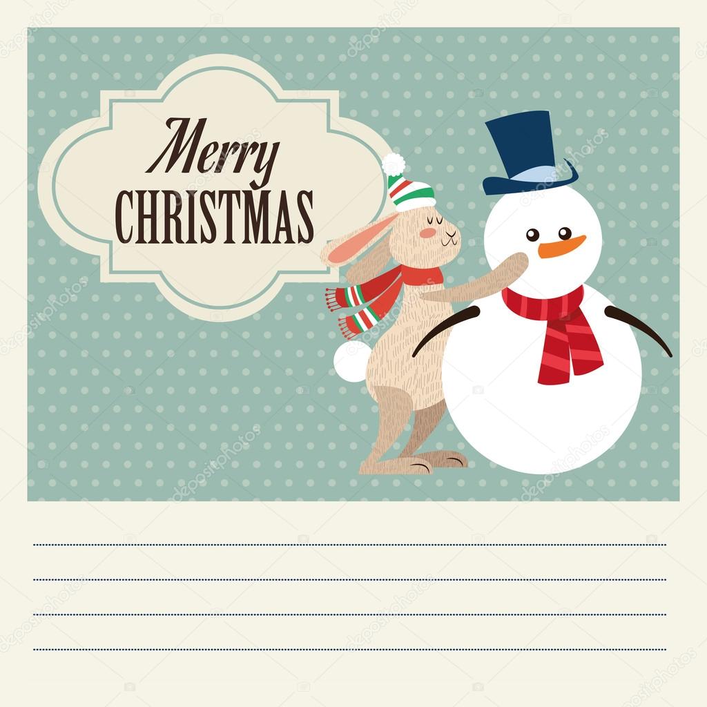 Coniglio e pupazzo di neve del fumetto del disegno di Natale — Vettoriale Stock