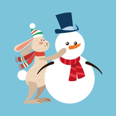 Tavşan ve kardan adam karikatür Noel tasarım