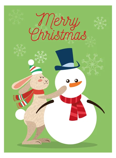 Σκίτσο με κουνέλι και χιονάνθρωπος Χριστουγεννιάτικη διακόσμηση — Διανυσματικό Αρχείο