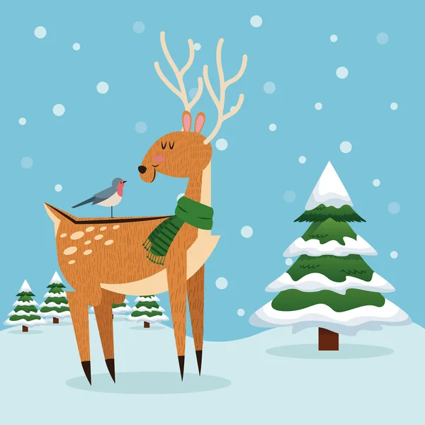 Reindeer and bird cartoon of Christmas design — Stock Vector