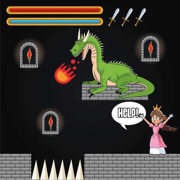 Dragon Prenses ve video oyunu tasarım — Stok Vektör