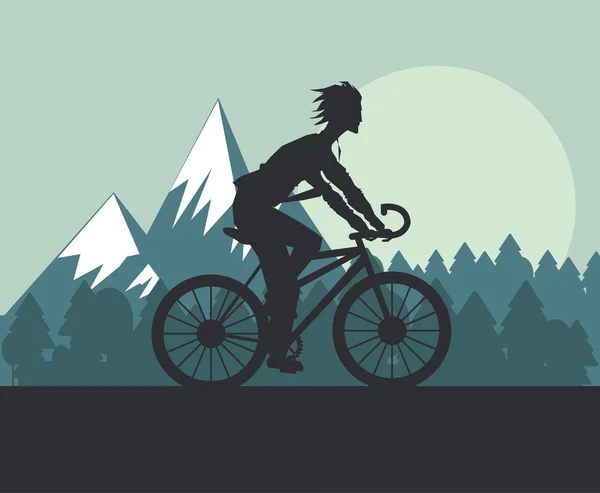 Man riding bike and mountain background design — Stock Vector