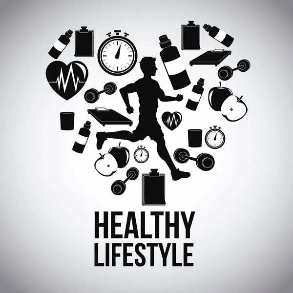 Hombre corriendo e icono conjunto de diseño de estilo de vida saludable — Vector de stock