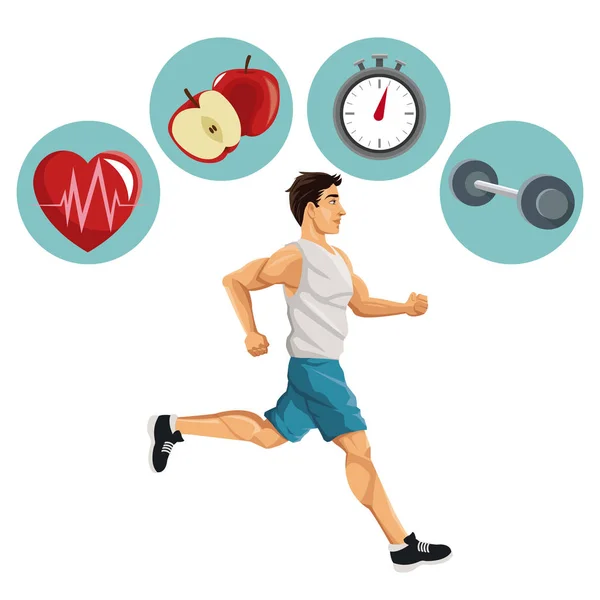Hombre corriendo e icono conjunto de diseño de estilo de vida saludable — Archivo Imágenes Vectoriales