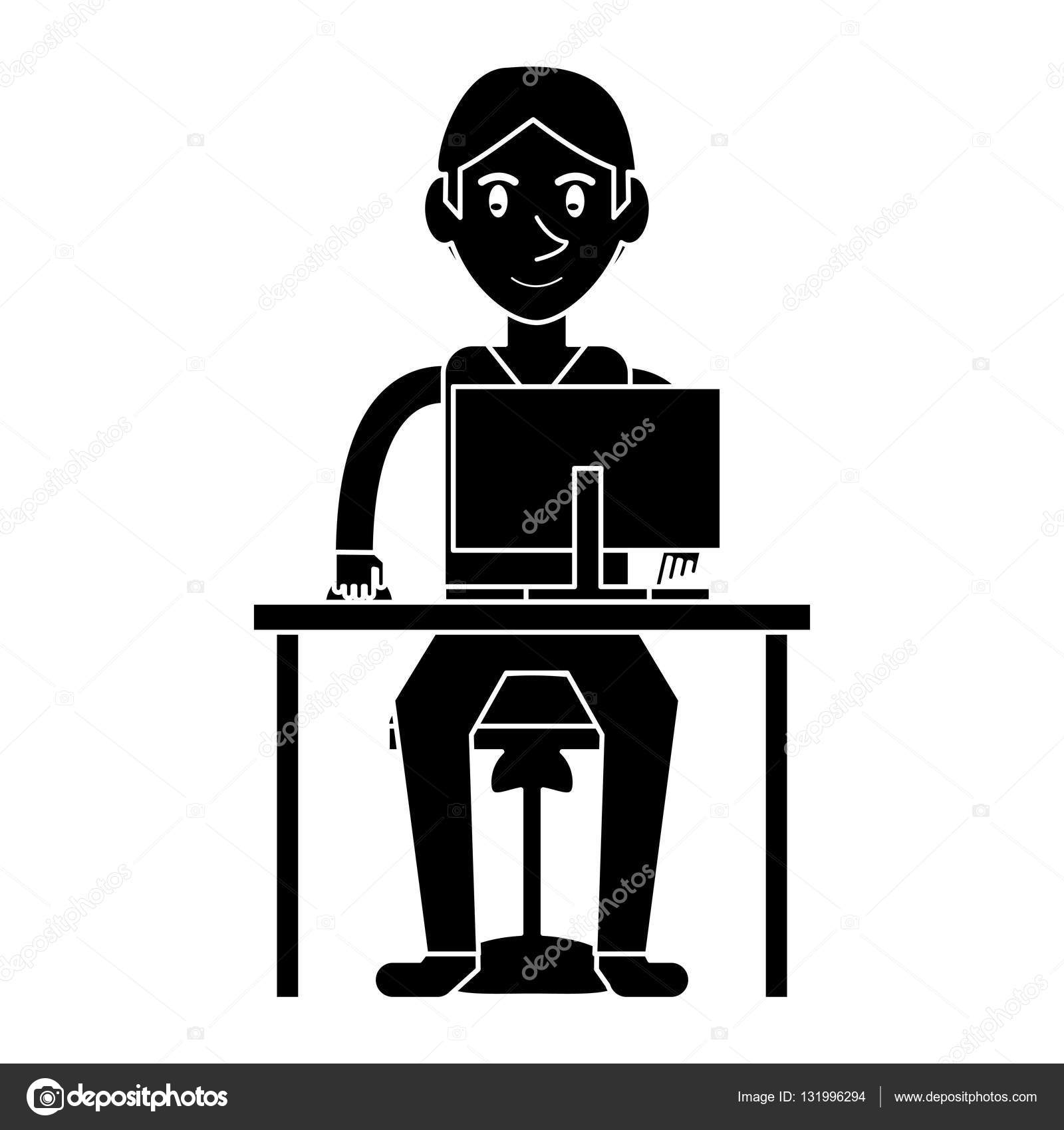 silhouette young boy uses computer desk chair design — Stock Vector ... silhouette young boy uses computer desk chair design — Stock Vector ...