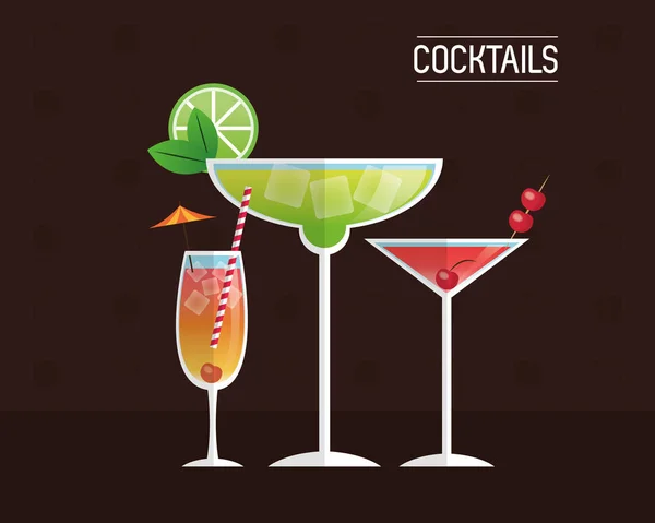 Cocktails glasses drink black background — Stock Vector