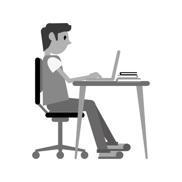 Man working front computer with pc books monochromatic — Stock Vector