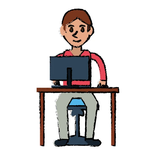Cartone animato ragazzo utilizza computer scrivania sedia design — Vettoriale Stock