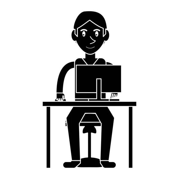 Silhouette young boy uses computer desk chair design — Stock Vector