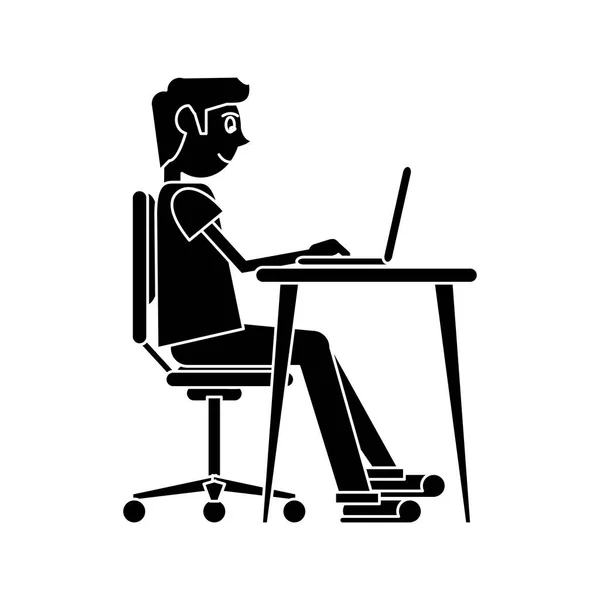 Hombre silueta de trabajo ordenador frontal con PC — Vector de stock