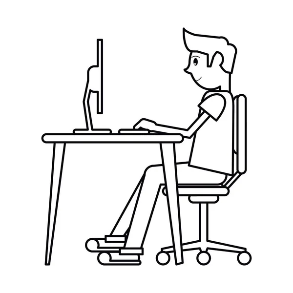 Pictogram man zit met behulp van laptop op Bureau ontwerp — Stockvector