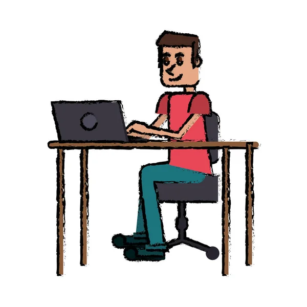 Dibujos animados chico portátil escritorio lugar de trabajo — Vector de stock