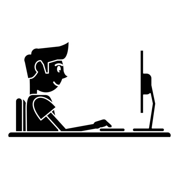 Silhouette guy working space with desk laptop — Stock Vector