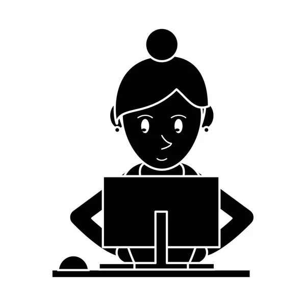 Silueta chica usando computadora trabajo — Vector de stock