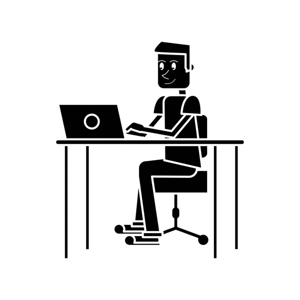 Silhouette ragazzo laptop scrivania sul posto di lavoro — Vettoriale Stock
