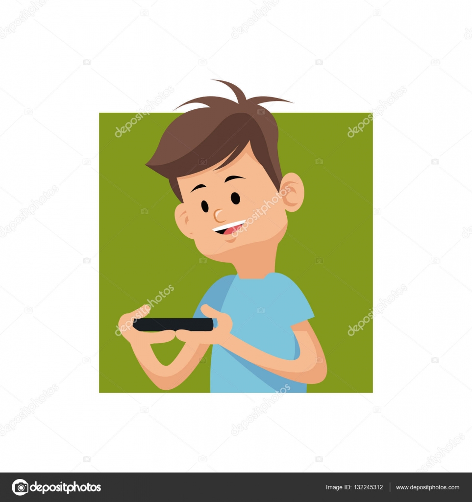 Dibujos animados niño jugando videojuego con el teléfono inteligente cuadrado verde — Vector de ...