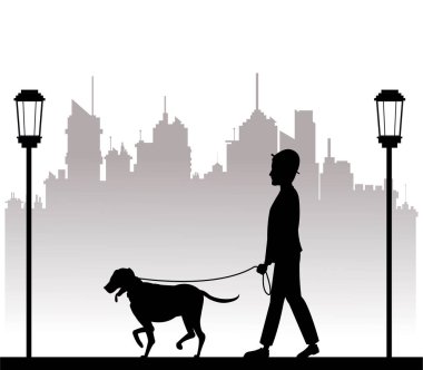 köpek park şehir arka planda yürüyen adamla siluet