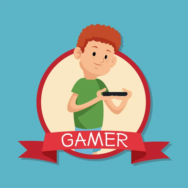 Gamer παίζει κινητό χωρίσεις μετά μπλε banner backgroung — Διανυσματικό Αρχείο
