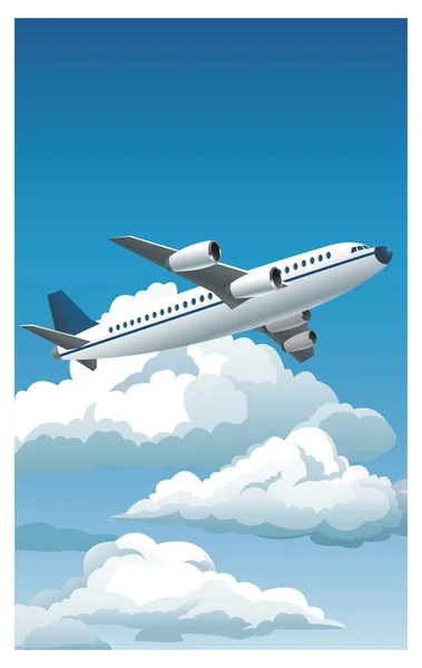 Vliegtuig vliegen blauwe hemel wolken goed weer — Stockvector