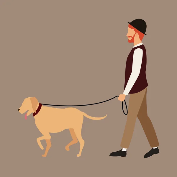 Mannen som skäggig med hatt gå hund husdjur — Stock vektor