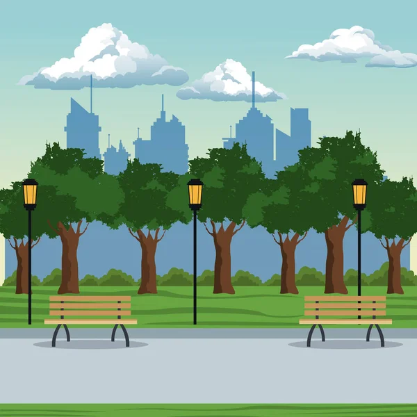 Cidade parque brench lâmpada postlight árvores — Vetor de Stock