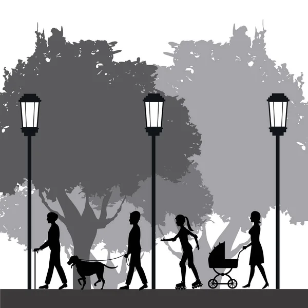 Pessoas silhueta andar estilo de vida parque poste de luz — Vetor de Stock