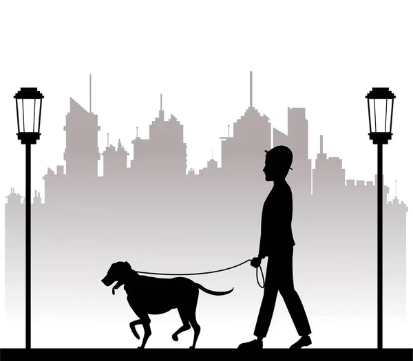 Silhueta homem com cão caminhando parque cidade fundo — Vetor de Stock