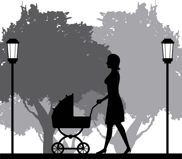 Silhueta mulher andando com bebê carrinho no parque — Vetor de Stock