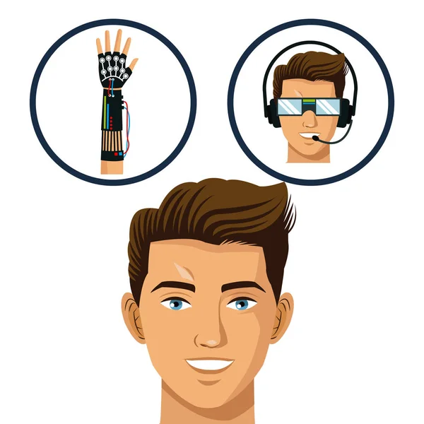 Tête gamer penser lunettes et gant filaire technologie virtuelle — Image vectorielle