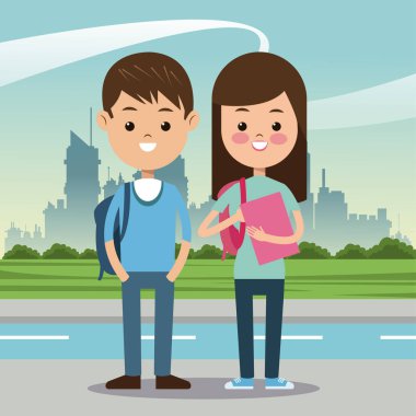 İki çanta öğrencilerle kentsel arka plan yaptırın